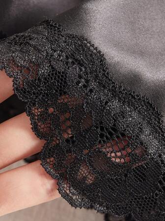 Nya damunderkläder med justerbara korsade ryggband och djup V-ringning, rygglös, sexig teddy spetsutsmyckad satin, bekväm hemplagg, pyjamas