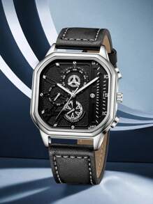 1 peça Relógio de Homem com Pulseira de Couro PU Preto, Fashionable Business Classic Mostrador Retangular Digital de Escala Quartzo, Adequado para Combinação de Roupa Diária, Presente de Férias Perfeito