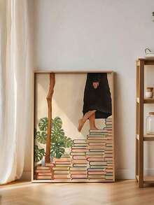 1 pieza Pintura en lienzo de estilo artístico decorativo, minimalista moderno con bailarina en forma de pila de libros, adecuado para sala de estar, dormitorio, oficina en casa, comedor y otros espacios, póster de tema de moda para decoración interior, regalo ideal para decoración del hogar, arte de pared en lienzo, póster de habitación, decoración del hogar, estética de decoración de habitación, suministros de decoración de habitación. Decoración de habitación, marco opcional - Multicolor - Ver 2