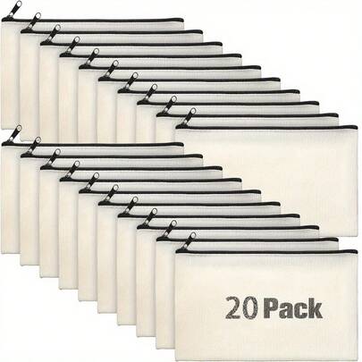 10/20个装空白帆布拉链袋，散装，化妆包/铅笔盒，适用于化妆品和DIY工艺品，独立日，返校季，学习用品，铅笔袋，书包，文具