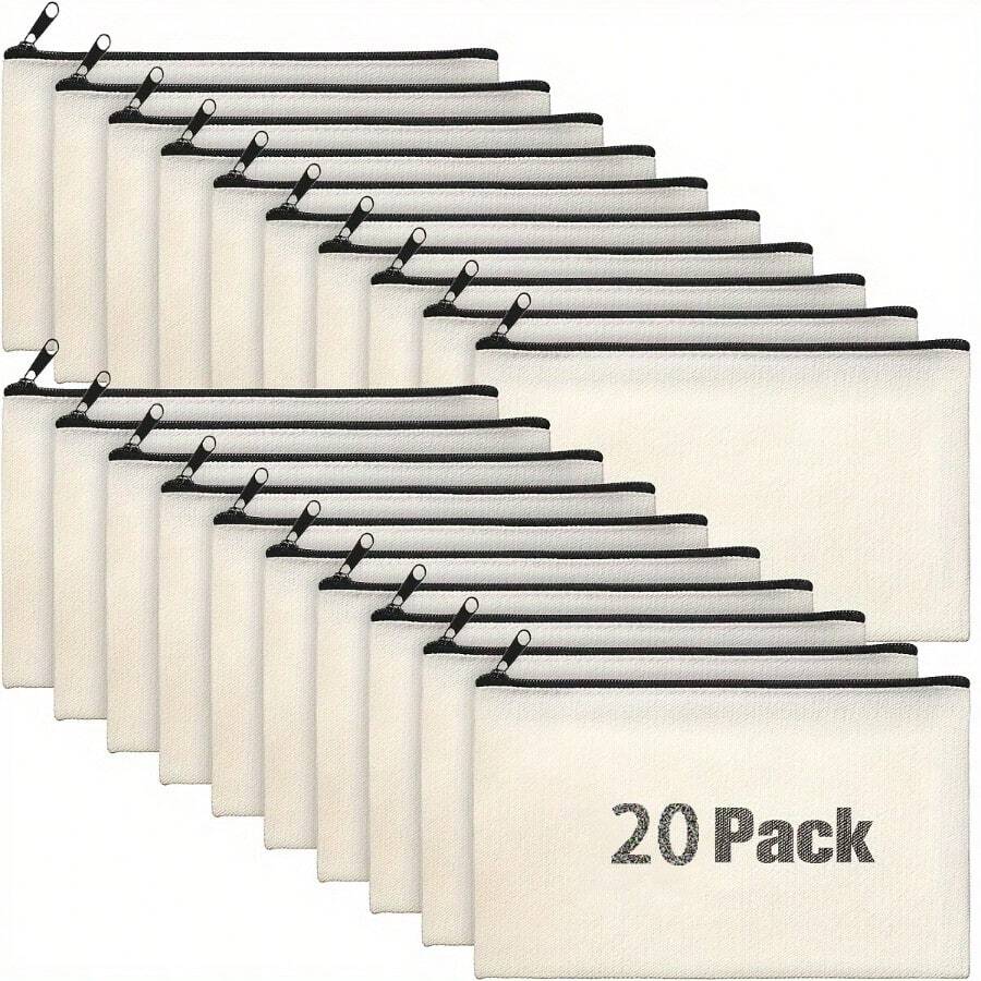 10/20个装空白帆布拉链袋，散装，化妆包/铅笔盒，适用于化妆品和DIY工艺品，独立日，返校季，学习用品，铅笔袋，书包，文具 - 白色 - 查看 1