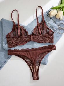 1pc Women's Solid Color Lace Wireless Comfy Bra Set