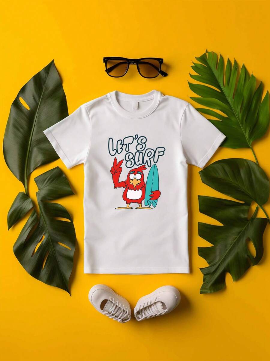 Tween Young Teen Kid Let's Surf Bird With Green Surf Board Letter Printed Graphic Round Neck Short-Sleeves Casual Comfortable 100% Cotton White T-Shirt - Boy Girl Daily Wear Clothes