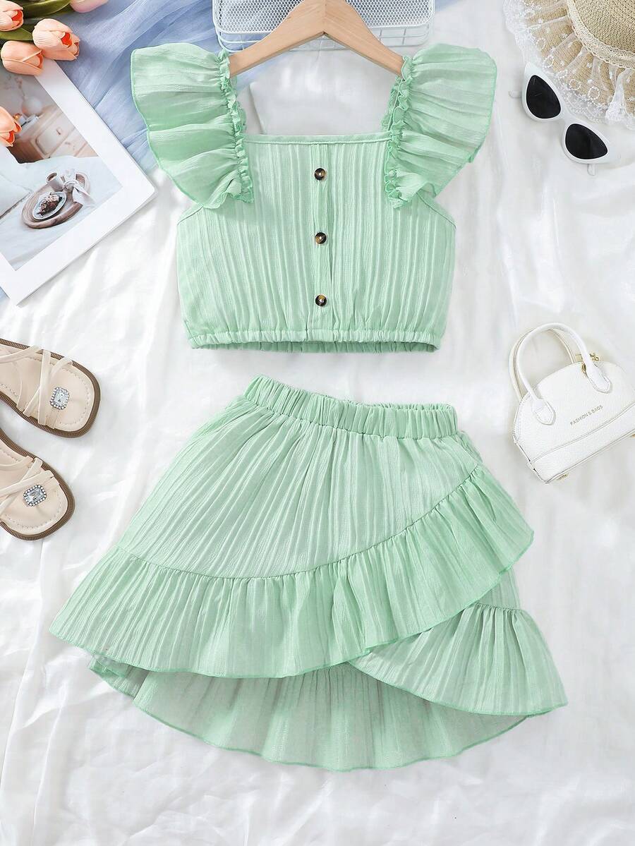 2pcs Tween Girl Girls 8-11Y Cap Sleeve Asymmetrical Ruffle Hem Skirt Set, Summer Outfit - Mint Green - View 1
