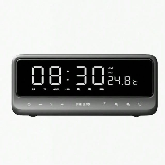 PHILIPS 時鐘鬧鐘藍牙音箱TAS3609 低音振膜 藍牙V5.3 全觸控介面 柔和夜光 雙喇叭立體聲 LED時鐘顯示 大容量電池 太空灰