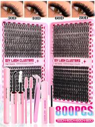 800/280PCS D Curl Individual Lash Clusters High Capacity 30D+40D+60D+80D 9-16mm DIY Lash Clusters Extra Thick&Natural Look&Wispy&Long-Lasting&Waterproof Reusable Individual Segmented False Eyelashes Eyelash Extension Kit With Makeup Tools Bond And Seal&Lash Remover&Lash Tweezers&Lash Brushes For Self Use At Home Or On-The-Go For Daily Life&Wedding&Party&Music Festival&Mother's Day&Travel
