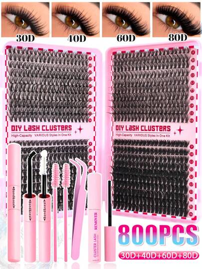 800/280PCS D Curl Individual Lash Clusters High Capacity 30D+40D+60D+80D 9-16mm DIY Lash Clusters Extra Thick&Natural Look&Wispy&Long-Lasting&Waterproof Reusable Individual Segmented False Eyelashes Eyelash Extension Kit With Makeup Tools Bond And Seal&Lash Remover&Lash Tweezers&Lash Brushes For Self Use At Home Or On-The-Go For Daily Life&Wedding&Party&Music Festival&Mother's Day&Travel Lash Clusters Kit,Lashes,Eyelashes,Fake Lashes