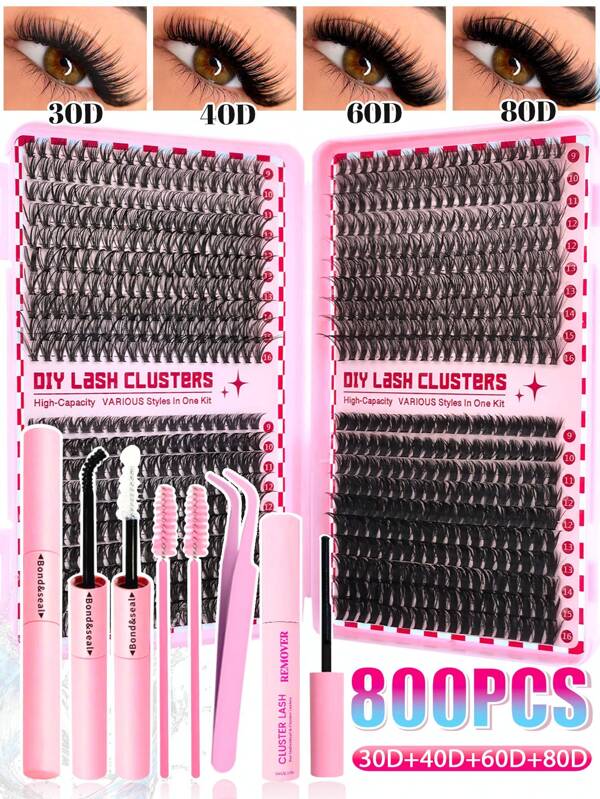 800/280PCS D Curl Individual Lash Clusters High Capacity 30D+40D+60D+80D 9-16mm DIY Lash Clusters Extra Thick&Natural Look&Wispy&Long-Lasting&Waterproof Reusable Individual Segmented False Eyelashes Eyelash Extension Kit With Makeup Tools Bond And Seal&Lash Remover&Lash Tweezers&Lash Brushes For Self Use At Home Or On-The-Go For Daily Life&Wedding&Party&Music Festival&Mother's Day&Travel