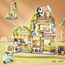 City Cafe, Panda Teahouse Building Blocks Toys, Openable Cafe Building Set, Suitable As A Gift Or Ornament, 1077 Mini Building Blocks