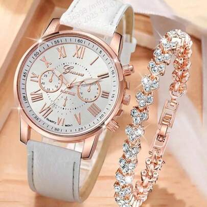 2 件套女士休闲圆形指针石英表女式仿真 PU 皮革手表和手链，送给妈妈或爱人的绝佳礼物