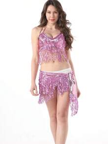 新款女式肚皮舞服装亮片流苏舞蹈表演服舞台表演比赛服装舞蹈配饰 - 彩色 - 查看 10