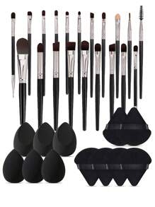 33pcs Makeup Brush Set, Includes: 1pc Makeup Bag, 20pcs Makeup Brushes, 6pcs Makeup Sponges, 6pcs Makeup Puffs, Cosmetic Storage Bag, Large Capacity Makeup Bag, Portable Toiletry Makeup Bag, Makeup Organizer Bag, Makeup Travel Bag, Suitable For Makeup
