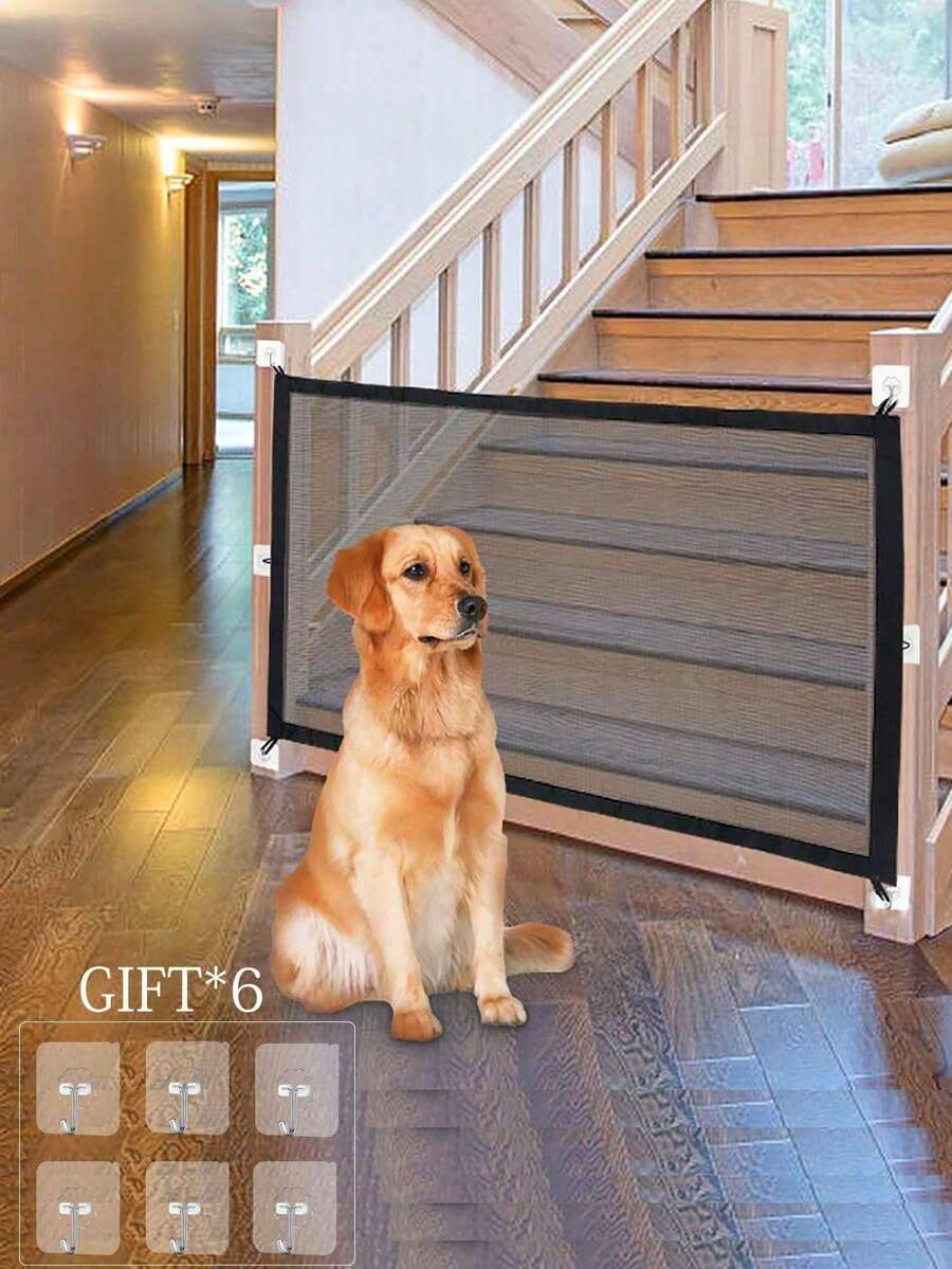 1pc Black Portable Pet Dog Mesh Gate, Dog Fence Net, Cat & Dog Protective Net, Enclosed Space For Pets To Play And Rest, Anti-Puncture Pet Supplies, 6 Hooks Included - Multicolor - View 1