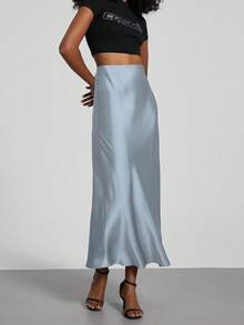 女士时尚弹力缎面触感缎面长裙，适合所有季节 - 雲水藍 - 查看 4