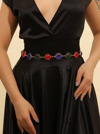 Boho Vintage Metal Chain Belt, Multi-Color Gemstone Carved Waist Chain, Turkish Blue Acrylic Waist Chain, Rose Boho Zinc Alloy Gemstone Waist Chain For Wedding, Sports, Party, All Seasons Summer