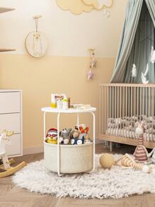 Small Bedside Table With Fabric Basket, Modern Nightstand, Round Side Table, For Living Room, Bedroom