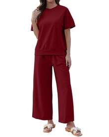 COMFY VOGUE 2pcs Women's Solid Knit Casual Vacation Drawstring Short Sleeve Top And Pants Set, Lightweight - 酒紅色 - 查看 6