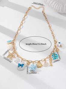 1 buc colier cu pandantiv din ceramică albastră, lucrat manual, cu stea de mare și scoici, accesoriu de bijuterii în stil vacanță, cu tematică de vară, stil marin (culoarea și forma pot varia)