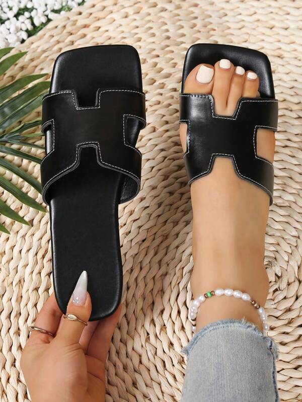 Damen Mode einfache quadratische Zehenflache Sandalen, Outdoor Lässig Komfortable Große Größen Damen Pantoffeln