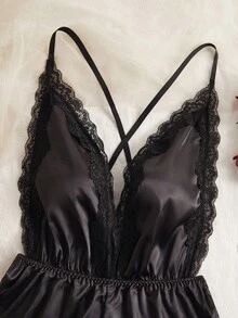 新款女士性感内衣，可调节交叉背带，深V领露背性感泰迪蕾丝缎面舒适家居服连体睡衣