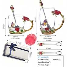 Tea Cup Glass Coffee Mugs,Fancy Tea Cup Set Birthday Christmas Valentine's Day Gift Idea For Tea Lover And Women Novelty Coffee Mugs Rose Flower Enamel Tea Cup Glass Mug With Spoon Set - 紅色 - 查看 2
