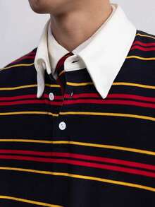 Men's Skin-Friendly Comfortable Contrast Striped Drop Shoulder Long Sleeve Casual Daily Commute Versatile Polo Shirt, Suitable For Autumn/Winter - Multicolor - View 4