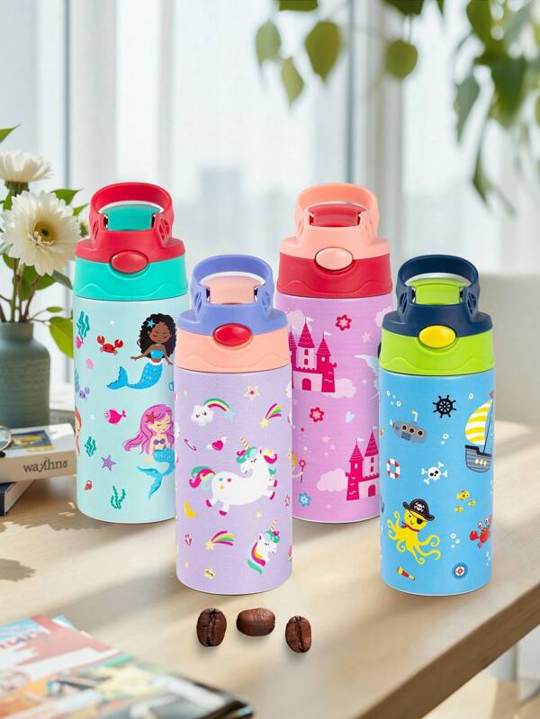 1 Stück 350ml Cartoon bedruckter isolierter Trinkflasche mit geschütztem Popup-Trinkhalm, Regenbogen Pferd&Meerjungfrau Sportwasserflasche mit Griff, Isolierbecher aus auslaufsicherem Edelstahl, vier Farben erhältlich, Rückkehr zur Schule Zubehör