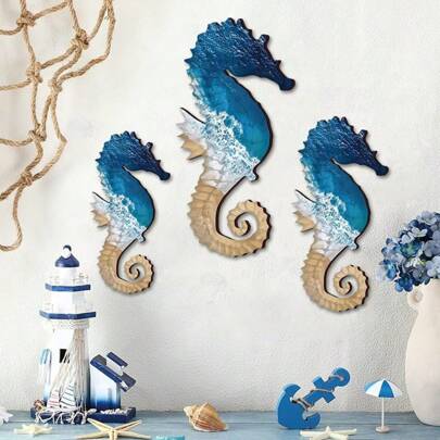 3 Stücke Küsten-Pendel Wanddekoration Seepferdchen-förmige Holzhandwerke Strand Muster Wanddekorationsschilder Set Raumdekoration Sommer Heim Dekorationen