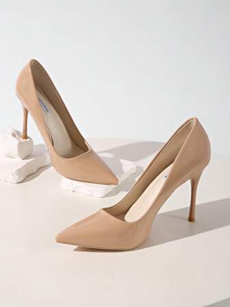 Höst/Vinter 2025 Dam High-End Aprikosfärgade Lackskinn Spetsig Tå Grund Sexig Fest Nattklubb Mode Hudfärgade 10cm Högklackade Pumps, Eleganta