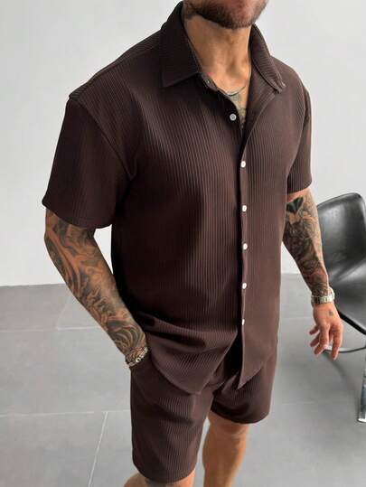Vintage Men's Ribbed Knit Shirt, Short Sleeve Polo Collar, Solid Brown Textured Shirt, Suitable For Summer Vacation, Casual And Office Wear. An Excellent Christmas And New Year Gift For Dad Or Husband.