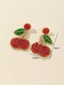 1 Pair Handmade Beaded Cherry With Rhinestones Earrings, Sweet And Fashionable For Women