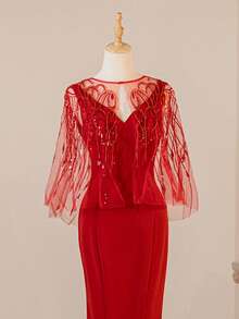 Heart Sequin Embroidered Mesh Shawl Fishtail Evening Gown Dress, Formal, Party Dress, For Wedding Guest - Red - View 6