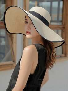 1 chiếc mũ rơm viền đen dáng rộng ngẫu nhiên dành cho nữ, mũ che nắng đi biển, du lịch mùa xuân/hè. - Nhiều màu - Xem 9