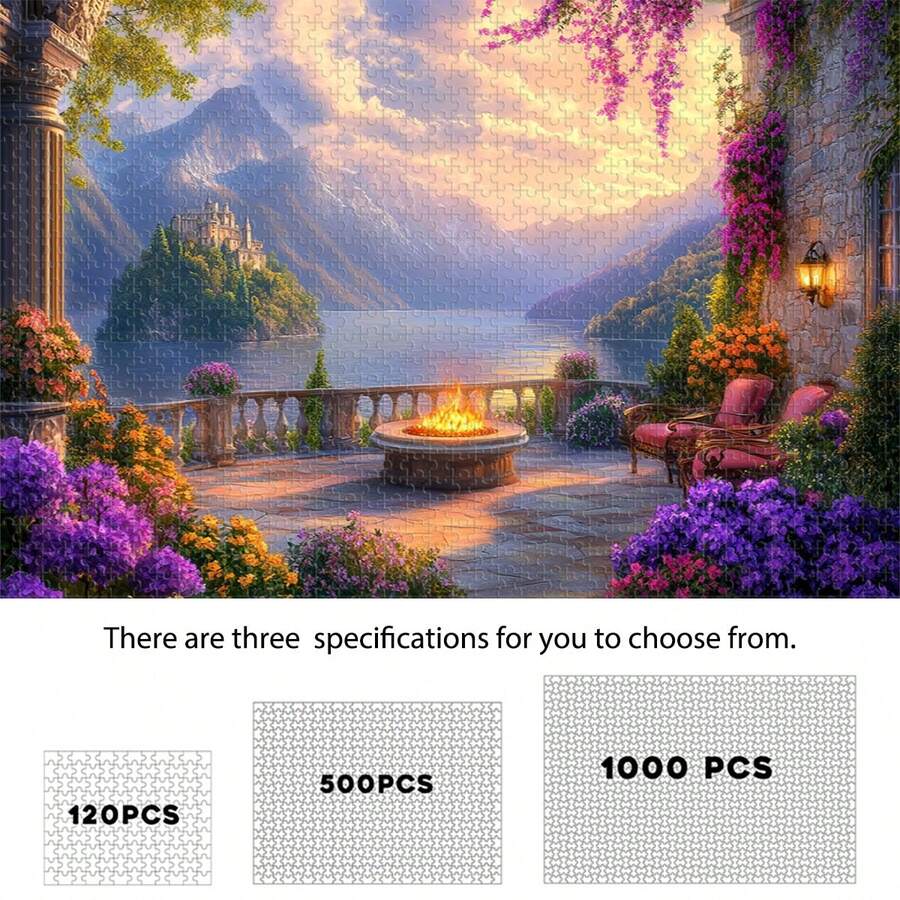 豪华湖畔露台：欣赏湖景城堡、舒适的沙发和户外火盆，1 盒 120/500/1000 片成人拼图 - 生动的节日图片，拼图爱好者的必备收藏品，完美的节日礼物