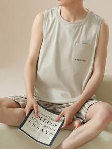 AICJ 2pcs Men Solid Color Casual Loose Minimalist Letter Print Tank Top & Shorts Pajama Set For Spring & Summer ,Vacation