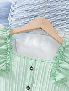 2pcs Tween Girl Girls 8-11Y Cap Sleeve Asymmetrical Ruffle Hem Skirt Set, Summer Outfit - Mint Green - View 2