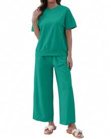 COMFY VOGUE 2pcs Women's Solid Knit Casual Vacation Drawstring Short Sleeve Top And Pants Set, Lightweight - 綠色 - 查看 6