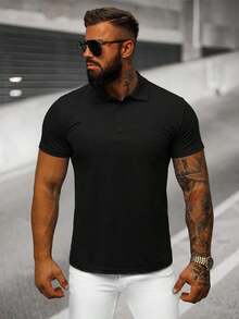 2 MEN'S T-Shirt Solid Color Summer Fit Button - Black - View 4