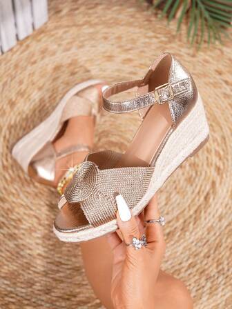 Women's Woven Metallic Details Cork Platform Wedge Sandals, Open Toe Ankle Strap Chunky High Heels, Fashionable Summer Party Vacation Sandals