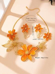 Set de 3 piezas de collar con colgante de flor esmaltada de metal elegante y juego de aretes, adecuado para atuendo diario y festivo de damas, regalo
