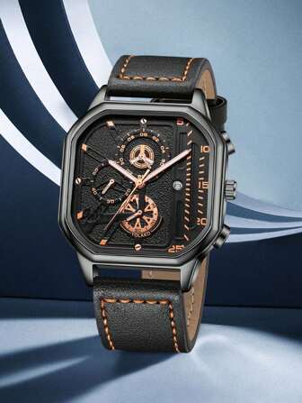 1pc Black Pu Leather Strap Men's Watch Fashionable Business Classic Digital Scale Rectangular Dial Quartz Watch Suitable For Daily Clothing Matching Perfect Holiday Gift