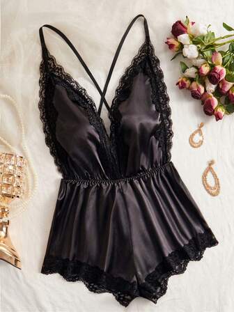 Nya damunderkläder med justerbara korsade ryggband och djup V-ringning, rygglös, sexig teddy spetsutsmyckad satin, bekväm hemplagg, pyjamas