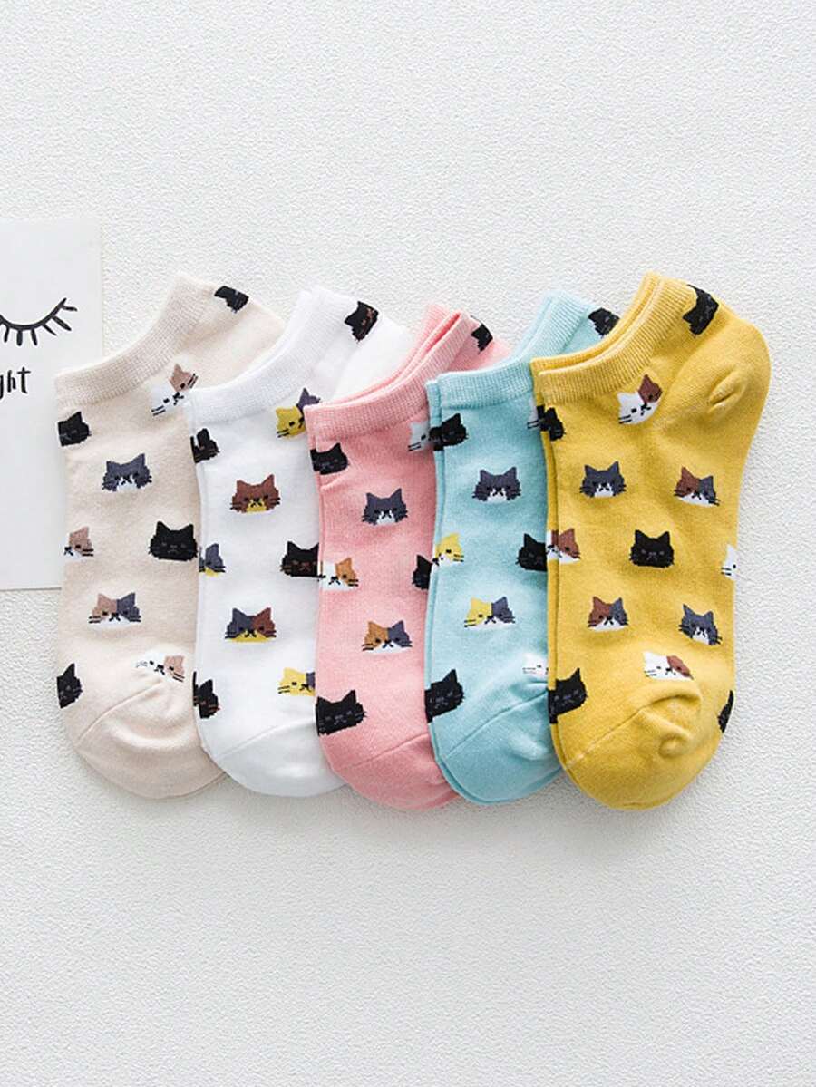 5 أزواج جوارب كاحل للسيدات بنمط قطة كرتونية، ناعمة وراحة القدم، جوارب كاجوال عصرية، لجميع المناسبات الحياتية، مناسبة لكافة الفصول