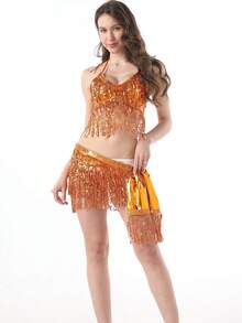 新款女式肚皮舞服装亮片流苏舞蹈表演服舞台表演比赛服装舞蹈配饰 - 彩色 - 查看 18