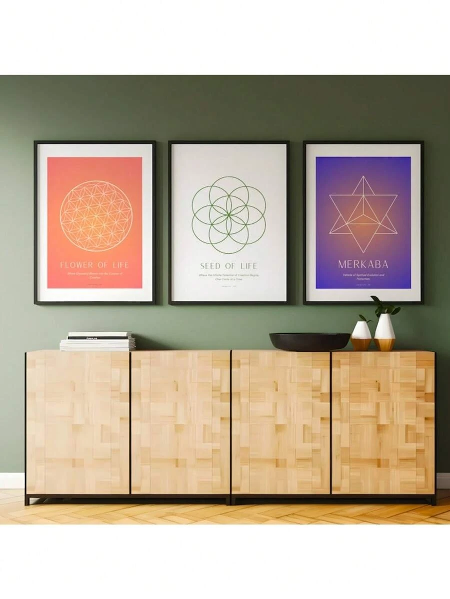 3 Pieces Poster Set: Merkaba, Flower Of Life, Seed Of Life Symbol | Sacred Geometry Wall Art With Gradient Aura And Affirmation Canvas Painting Posters And Prints Wall Art Pictures For Living Room Decoration Optional Frame, Wall Art With Frame