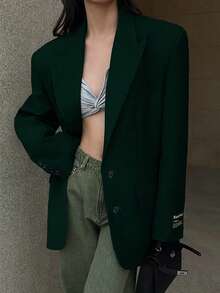 Olive Green Women's Spring/Autumn Slogan Lapel Collar Single-Breasted Loose Casual Blazer Jacket, Suitable For Weddings, Banquets, Gatherings, Performances, Parties, Dates, Christmas, Halloween, Etc.