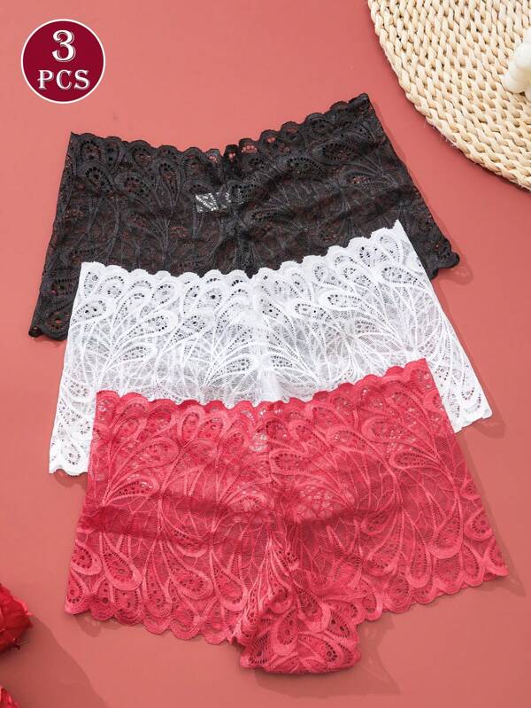 3pcs Comfortable Breathable Solid Color Fully Lace Semi-Sheer Sexy Fashion Basic Seamless Panties For Women, Suitable For Home, Parties, Weddings