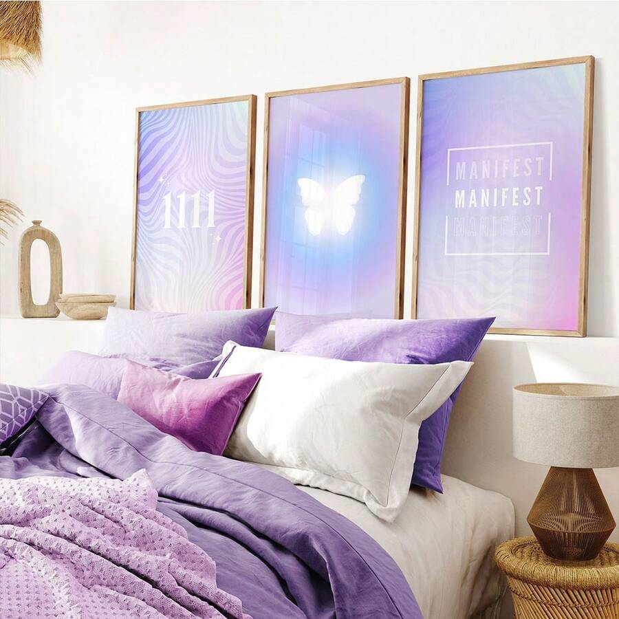 1/3pcs Wall Art Posters, Modern Style Butterfly Aura Positive Affirmation Set Of 3 Posters, Retro Gradient Print 1111 Angel Number Wall Art, Manifest Dorm Decor Girls Gift ,Wall Art With Frame - Multicolor - View 1