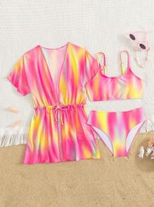 Tween Girl 3packs Random Tie Dye Drawstring Waist Bikini Set Summer Beach - Pink - View 2