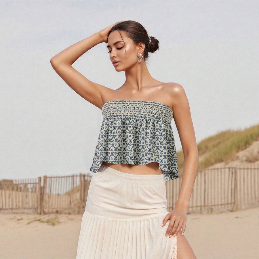 Women's Flower Print Tube Tops Sleeveless Off Shoulder Strapless Cropped Bandeau - White - View 1